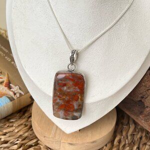 Vintage Large Sterling Silver 925 Red Jasper Pendant 925 Rope Chain Necklace